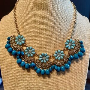 Charming Charlie Gold and Blue Floral Statement Necklace